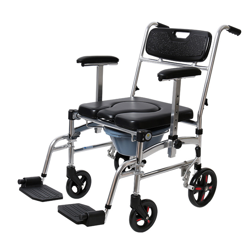 老人坐便椅带四轮手推轮椅带便盆大小便椅子铝合金移动马桶洗澡椅
